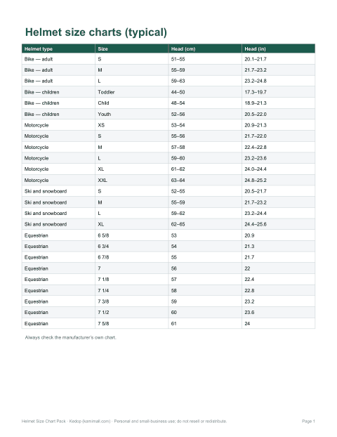 Preview of the first page of Size charts (PDF/XLSX)