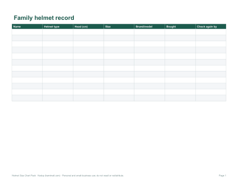 Preview of the first page of Family record (XLSX)