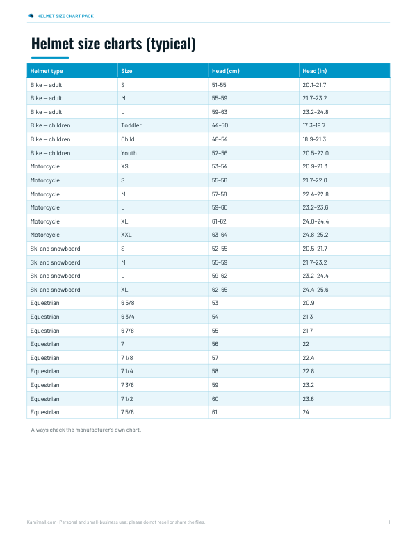 Preview of Printable Helmet Size Chart
